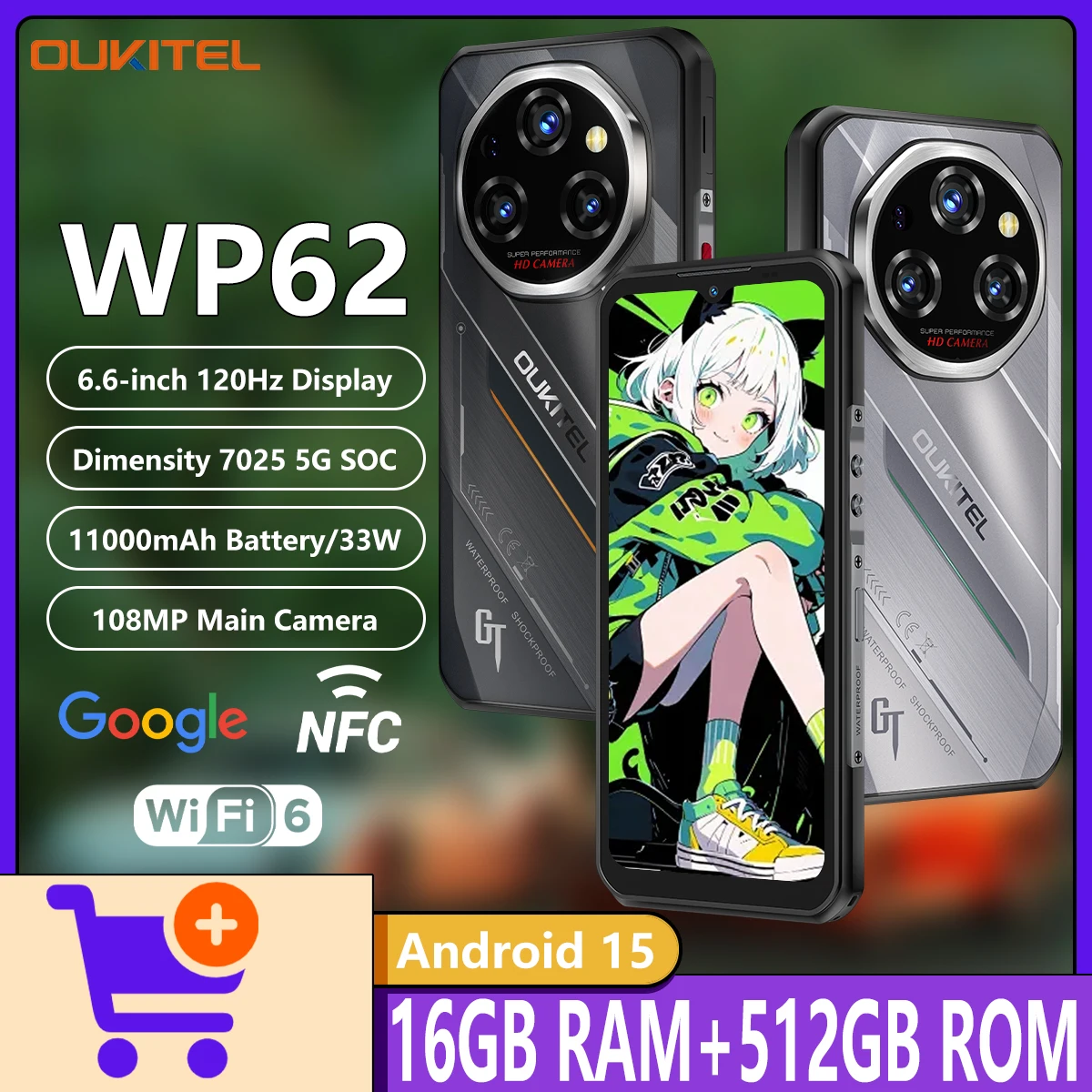 OUKITEL WP62 5G Rugged Phone Dimensity 7025 5G 6.6-Inch 120Hz Display 16GB+512GB 11000mAh Battery 33W 108MP Android 15 Cellphone