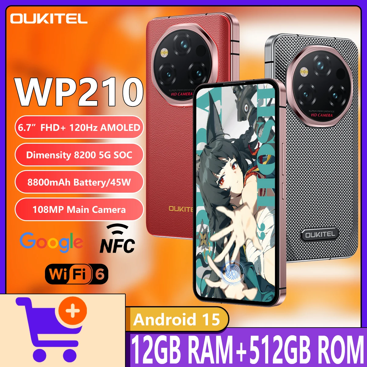 OUKITEL WP210 5G Rugged Phone Dimensity 8200 5G 6.7”AMOLED 120Hz  12GB+512GB 108MP Camera 8800mAh 45W Charging Android 15 Wifi6