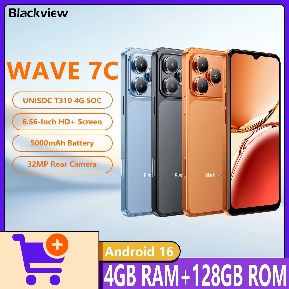 2026 Blackview WAVE 7C 4G Smartphone Unisoc T310 4G 6.56-inch HD+ Display 5000mAh Battery 4GB+128GB 32MP Mian Camera Android 16