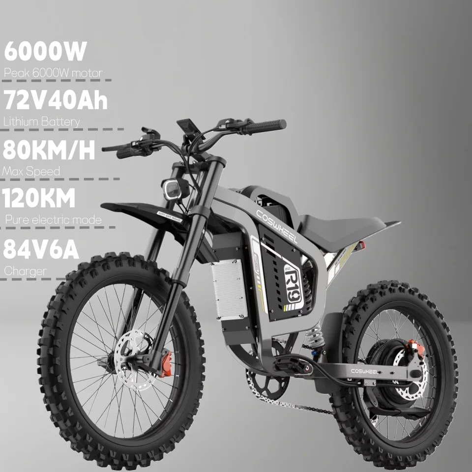 Electric motorcycle retro style Coswheel R19 peak 6000W motor 70V 40AH Battery Electric bike 124 miles off-road riding E-bike