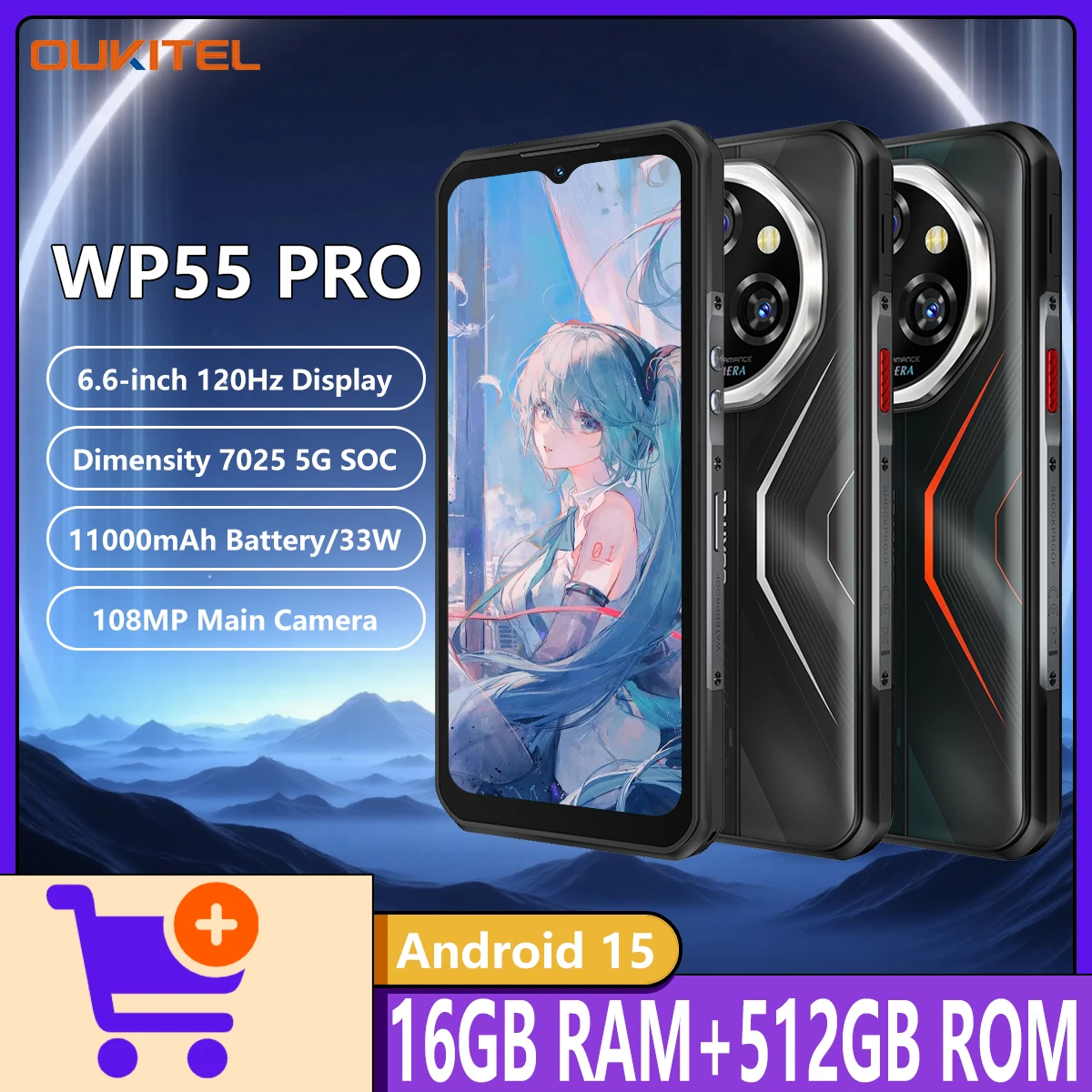 Oukitel WP55 Pro 5G Rugged Smartphone Dimensity 7025 5G 16GB+512GB 11000mAh 33W 108MP 6.6