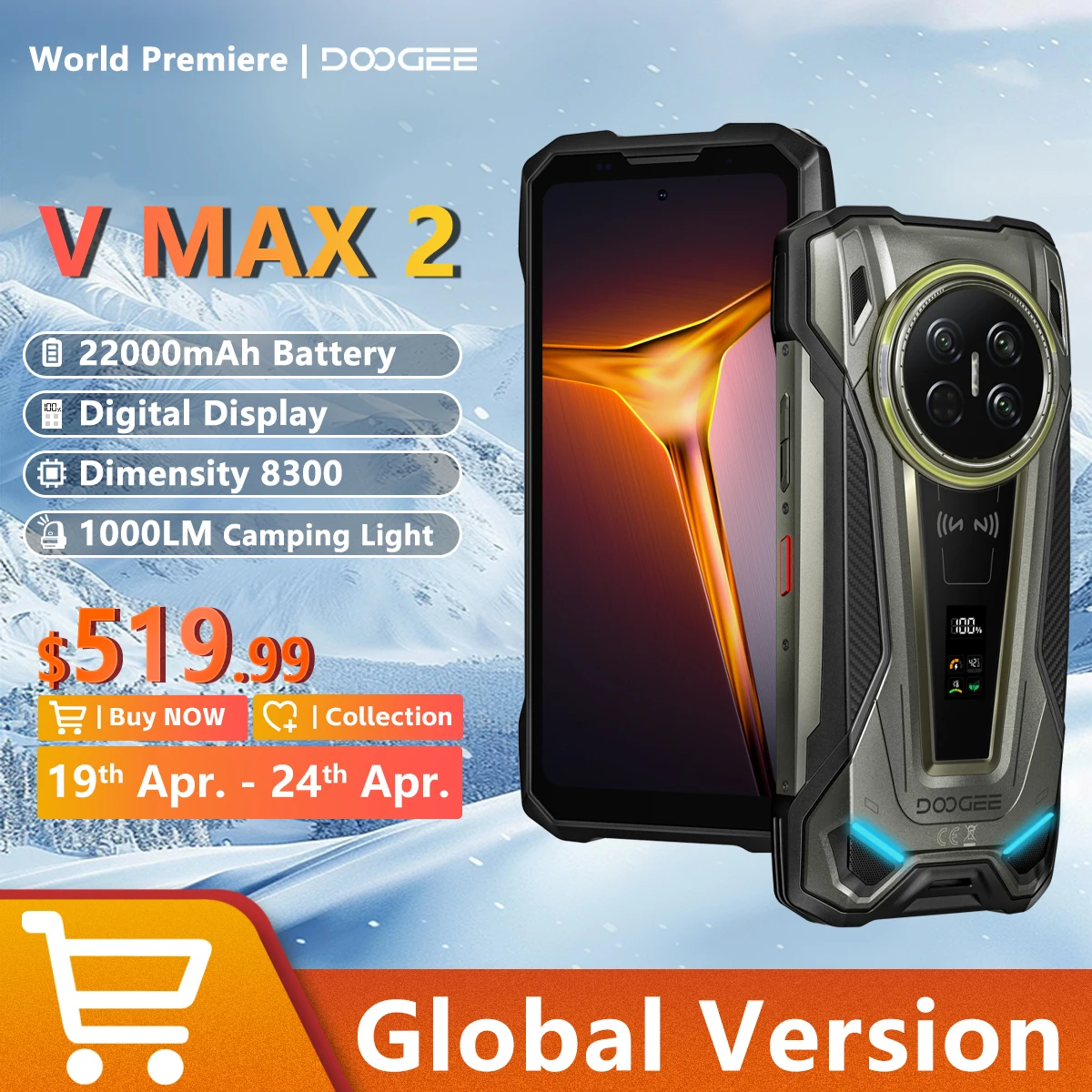 2026 NEW DOOGEE V Max 2 Rugged Phone 5G Dimensity 8300 Digital Display 16GB+512GB 22000mAh 6.78