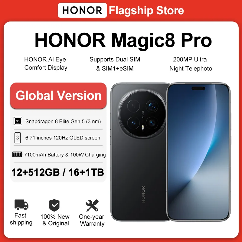 Global Version HONOR Magic8 Pro 5G AI Magic 8 Pro Smartphone Snapdragon 8 Elite Gen 5 6.71” OLED Screen 7100mAh Battery 100W