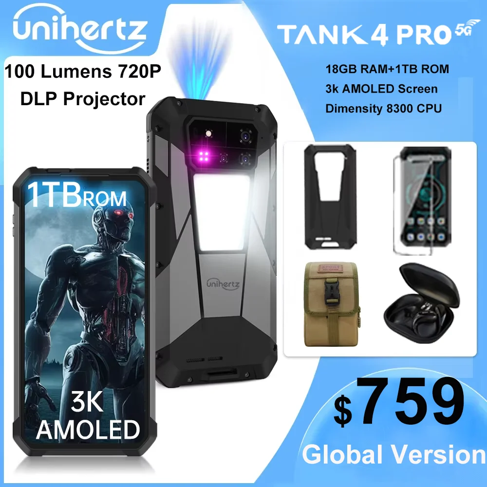 Unihertz Tank 4 pro 8849 Rugged Phone 5G AI Built-in 720P Projector IP68/69 Dimensity 8300 512GB/1TB ROM 16GB/18GB RAM 3k AMOLED
