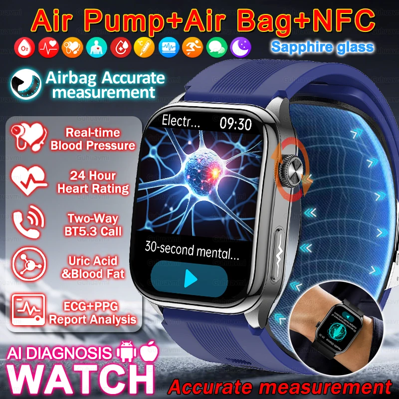 2026 Smart Watch Air Pump Airbag ECG+PPG Blood oxygen Uric Acid Blood PressureMicro-physical examination Sapphire Smartwatch NFC