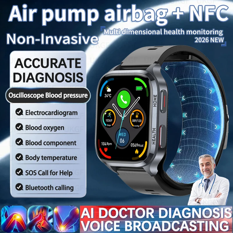 2026 New AI Medical Diagnosis NFC Upgrade Air Pump Blood Pressure Accurate Measure SmartWatch ECG+PPG Airbag Smart Watches Man