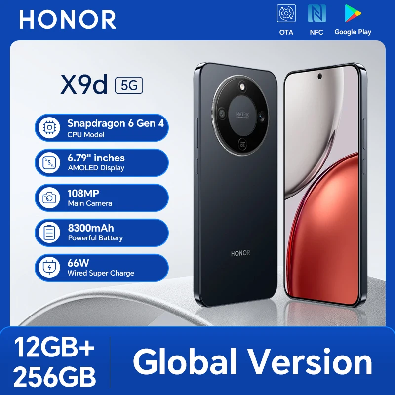 HONOR X9d 12GB+256GB Global Version 5G Smartphone 6.79” 120Hz AMOLED Screen 108MP AI Main Camera 8300 mAh 66W Supercharging
