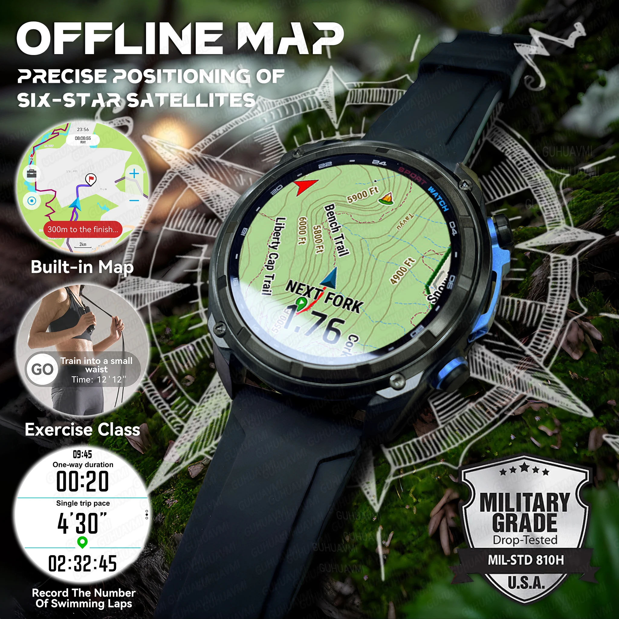 2026 New Tactical Smartwatch Built-in GPS Offline Map 4GB Memory 5ATM IP69K swim Waterproof Men Militray Smart Bracele For IOS