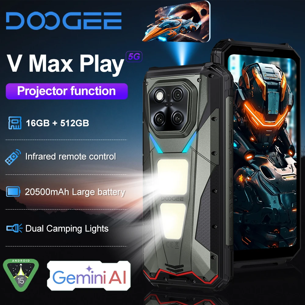 DOOGEE V Max Play Projector Rugged Phone 16GB+512GB 20500mAh 200MP Smartphon 5G 6.78