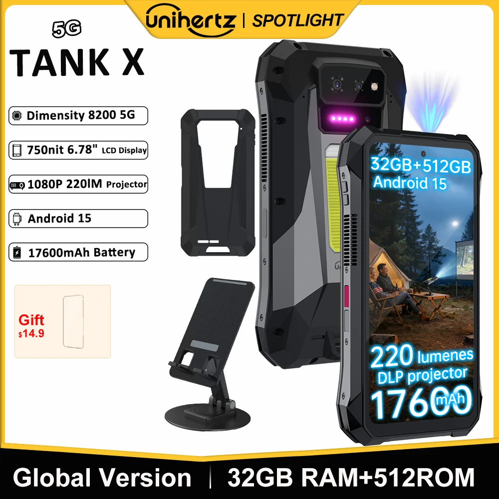 Unihertz TANK X 8849 5G Smartphone 32+512GB Built-in 1080P 220 lumen Projector 50MP+64MP Camara Android 15 17600mah Battery NFC
