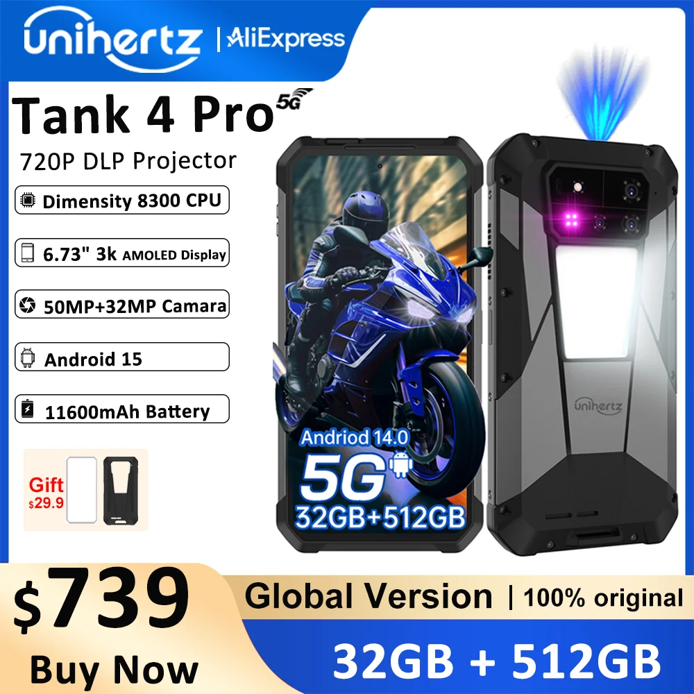 Unihertz by 8849 Tank 4 pro 5G Phone Built-in 720P Projector Dimensity 8300 16GB/18GB 3k AMOLED 11600mAh IP68/IP69