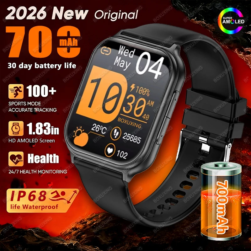 2026 New Sports Smart Watch Men 1.83-Inch AMOLED HD Screen 700MAH Heart Rate GPS Track IP68 Waterproof Bluetooth Call Smartwatch