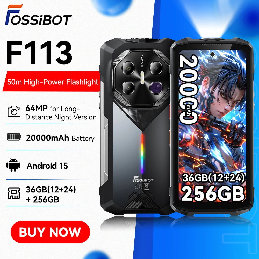 FOSSiBOT F113 Rugged Smartphone 5G 20000mAh Battery Android 15 36(12+24)GB+256GB Camping Light 64MP 120Hz Mobile Phone 33W NFC