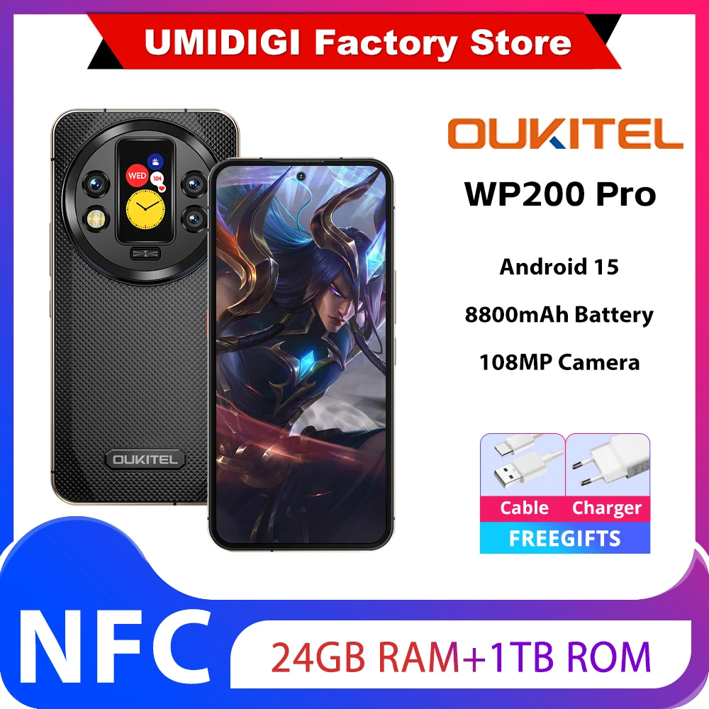 Oukitel WP200 Pro,5G AI Rugged,24 Гб 1TB,8800мАч,6.7” Android 15.0 MTK Dimensity 8200,NFC,108MP,Detachable Earphone watch