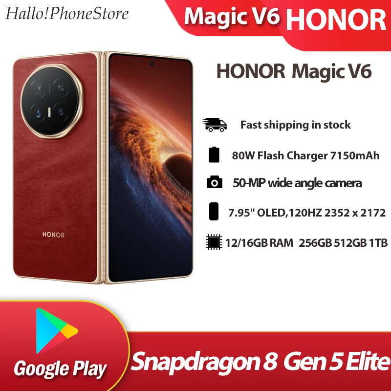Original Honor Magic V6 5G Folded Screen OLED Snapdragon8 Gen5 Elite 50MP Camera 80W SuperCharger 7150mAh Google OTA MagicOS10