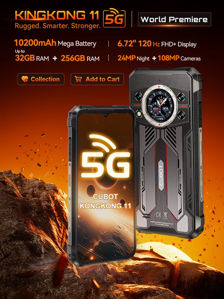 Cubot Rugged Smartphone 5G King Kong 11, Android 15, Up to 32GB RAM+256GB ROM, 108MP Camera, 10200mAh, Dual Screen, MTK7025,6nm