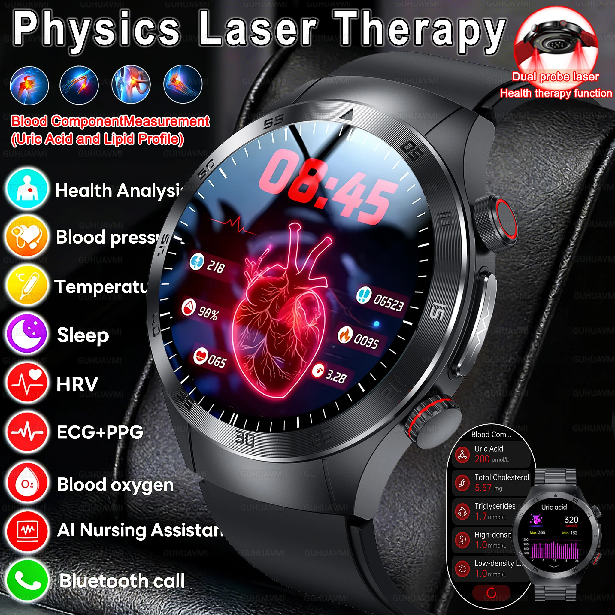 2026 New Upgraded Non-Invasive Laser Treatment Smart Watch Men Sapphire Screen Blood Fat Uric Acid ECG Health Monitor Smartwatch