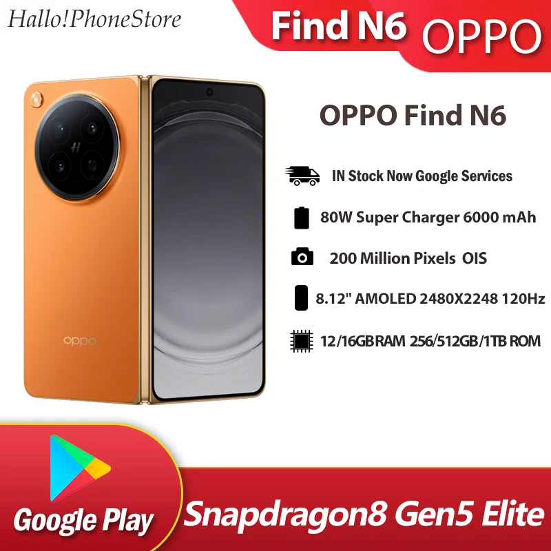 Original OPPO Find N6 Folding Phone 5G Google Snapdragon 8 Gen5 Elite 6000mAh 80W Flash Charger 200MP Main Camera NFC FindN6