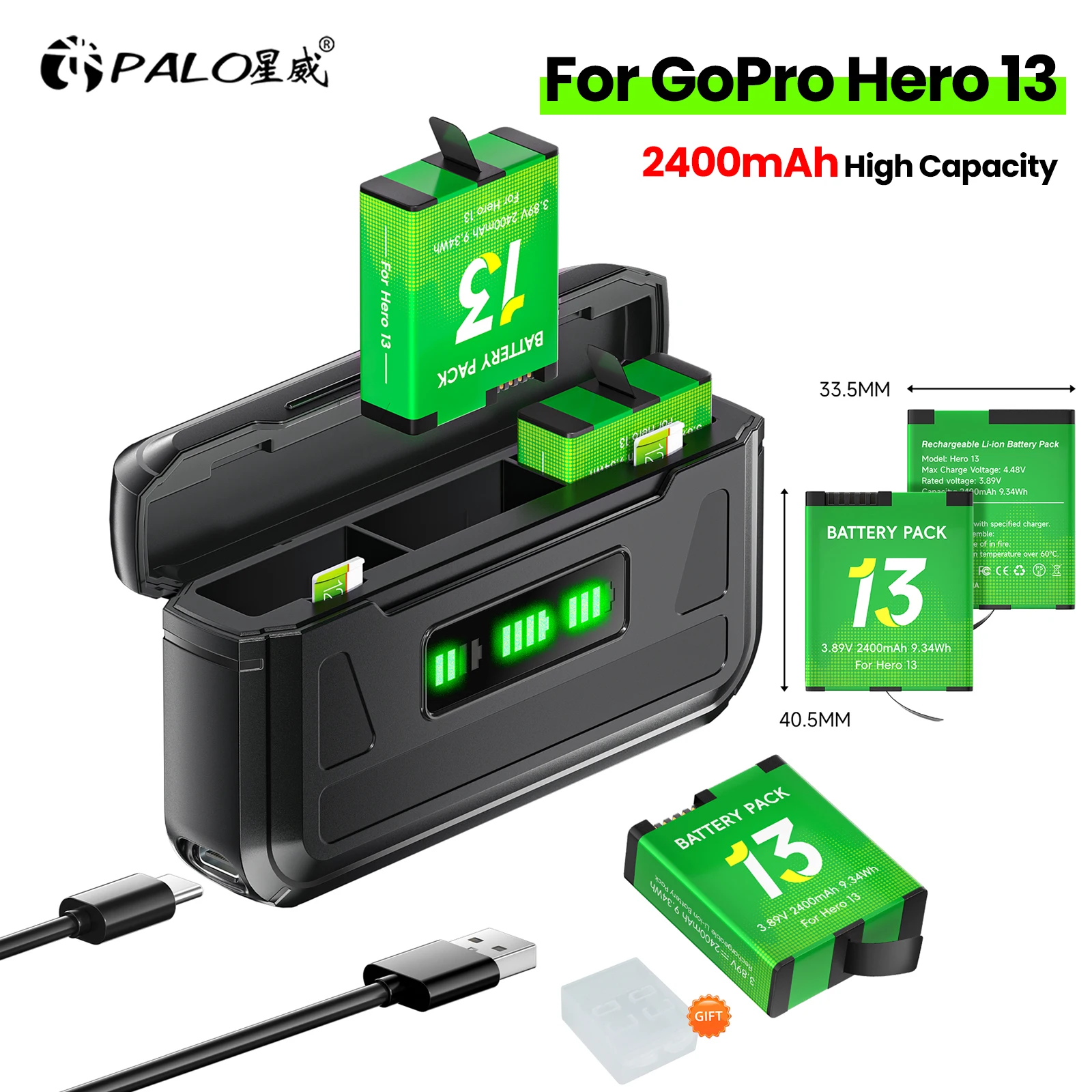 PALO 2400mAh for GoPro Hero 13 Battery+3-Slots Charger Box with Type-C Port for GoPro Hero 13 Black Sport Camera Accessories